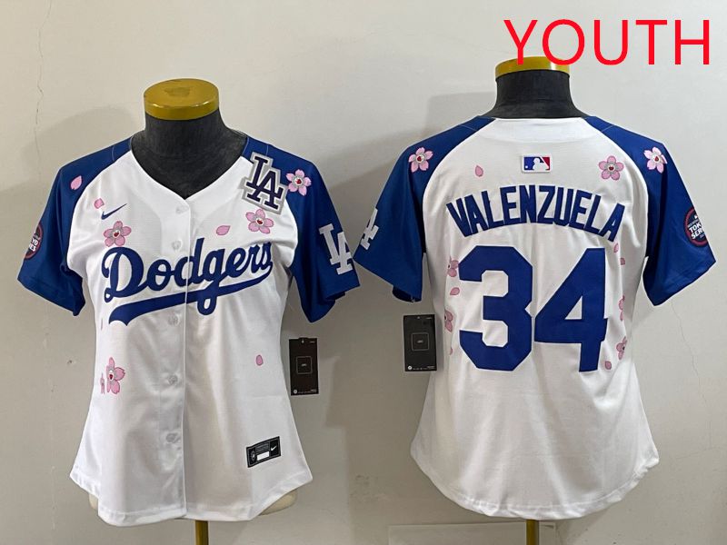 Youth Los Angeles Dodgers #34 Valenzuela White Blue Sakura Edition 2025 Nike MLB Jersey style 38->youth mlb jersey->Youth Jersey